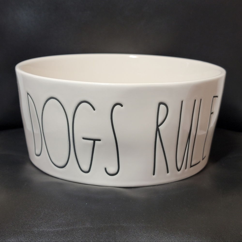 Rae Dunn “DOG'S RULE” 8" Ceramic Dog Bowl White Black Pet Dish Artisan Magenta
